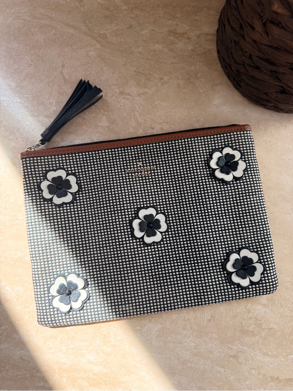 kate spade Black & White Floral Appliqué Zip Pouch with Tassel